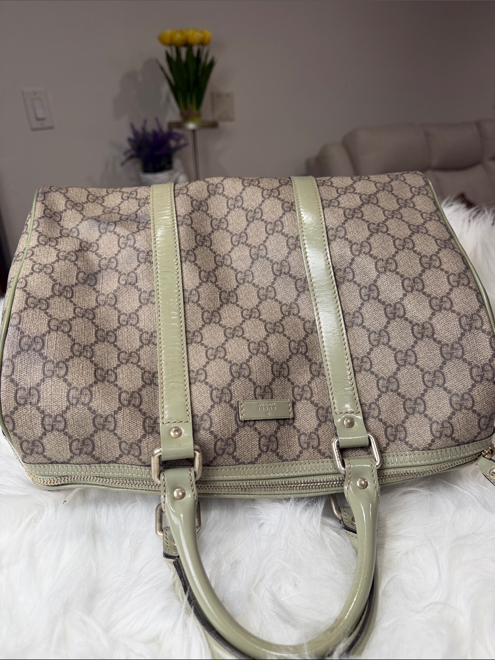 💯Authentic Gucci Vintage GG Monogram Boston Bag Sage Green Patent Leather🍀 - Picture 3 of 17